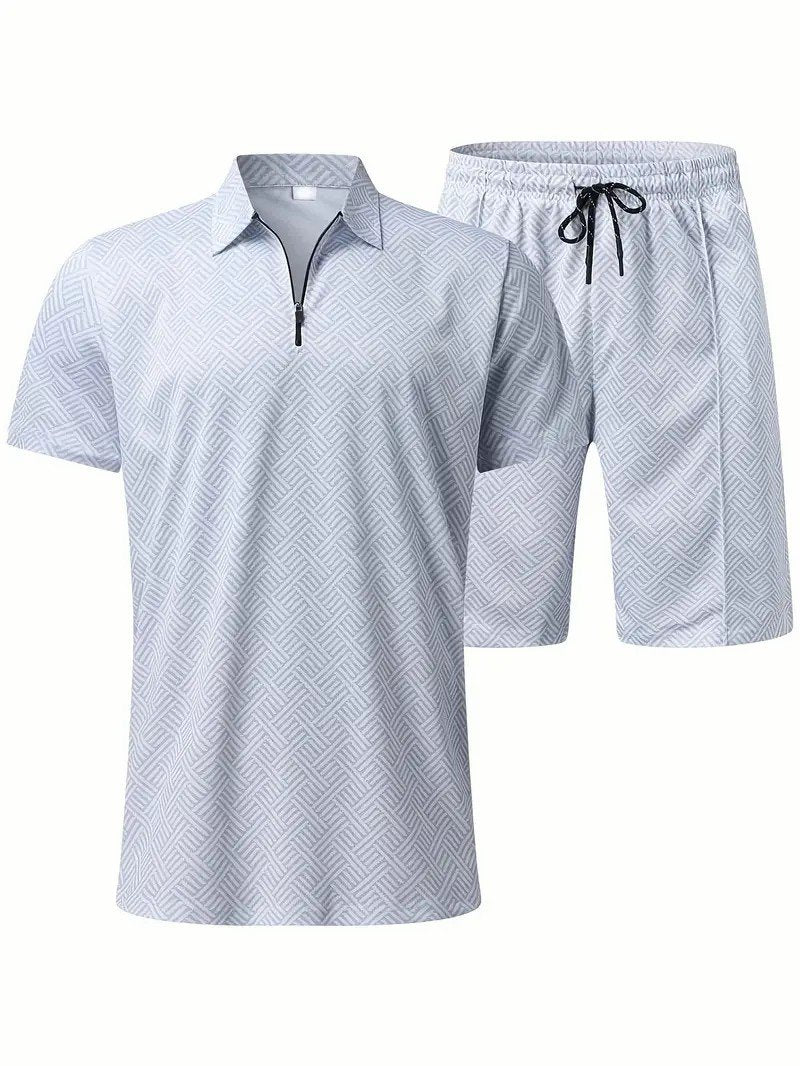 Men's Fashion V Neck Zipper Polo Top Set