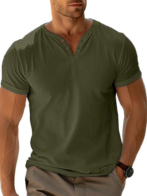 Men's Casual Henley Cotton Linen V-Neck T-Shirt