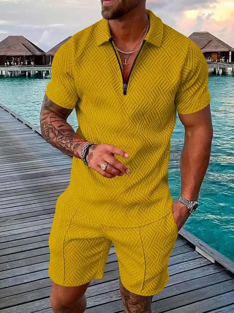 Men's Fashion V Neck Zipper Polo Top Set