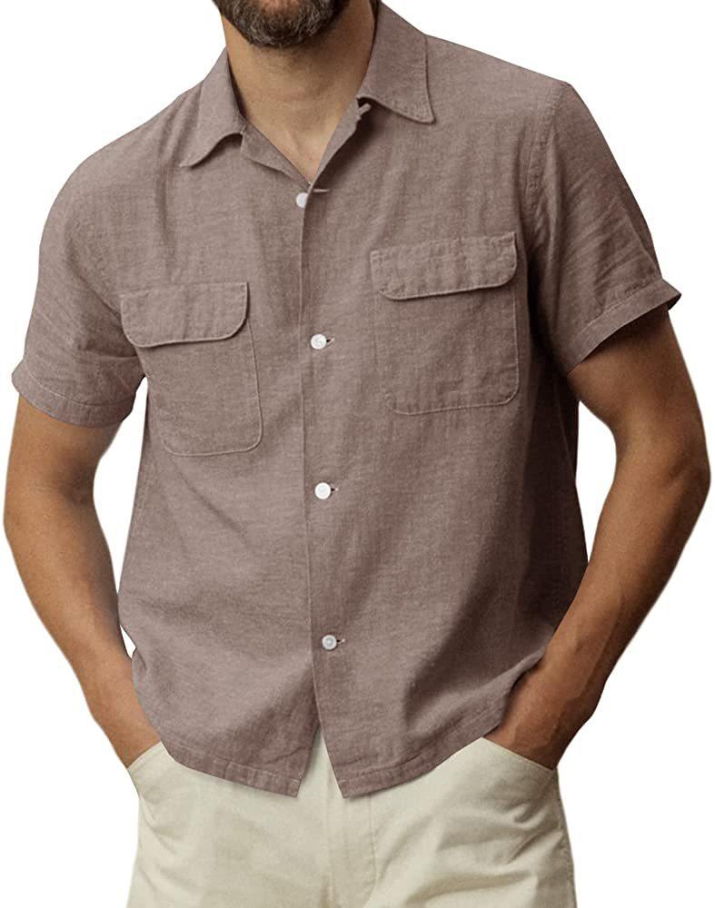 Men's Cotton Linen Short Sleeve Shirt Summer Button Cotton Cuban Camp Beach Casual Pocket Top T-Shirt