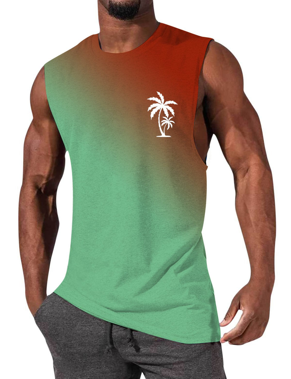 Men's Gradient Color Palm Tree Hawaiian Print Comfort Casual Sleeveless T-Shirt