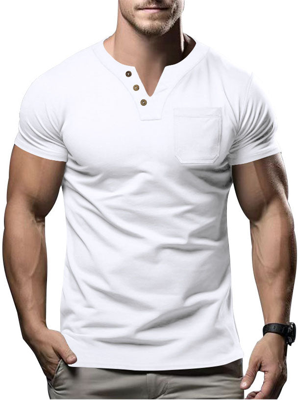 Men's Solid Color V-Neck Pocket Short Sleeve T-Shirt