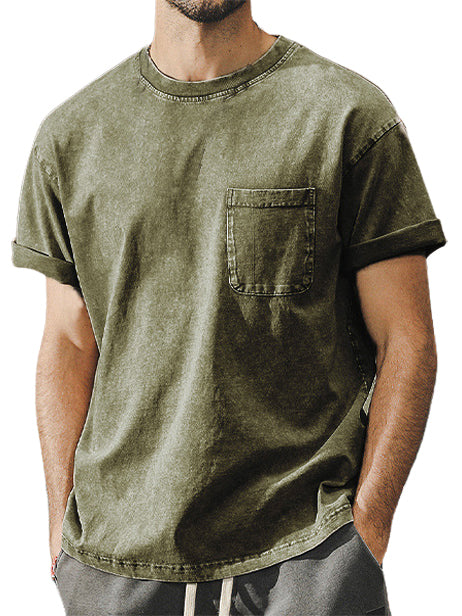 Men's High Quality Cotton Basics Washed Distressed Pocket Crew Neck T-Shirt