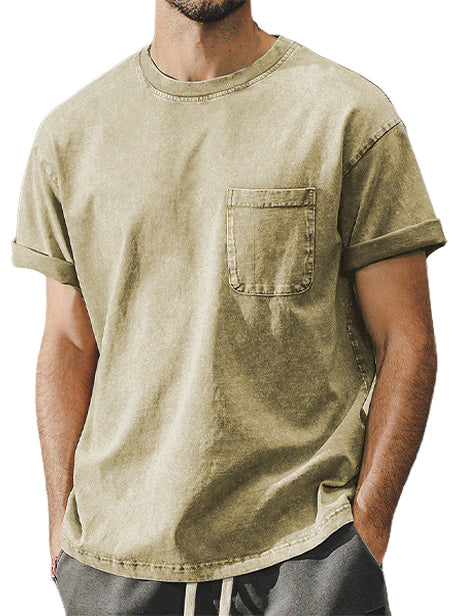 Men's High Quality Cotton Basics Washed Distressed Pocket Crew Neck T-Shirt