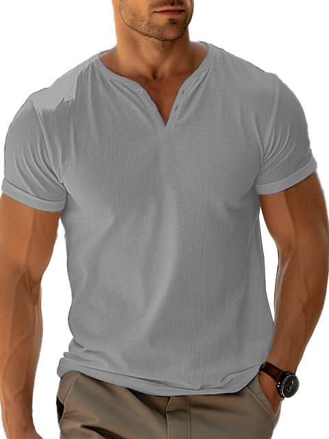 Men's Casual Henley Cotton Linen V-Neck T-Shirt