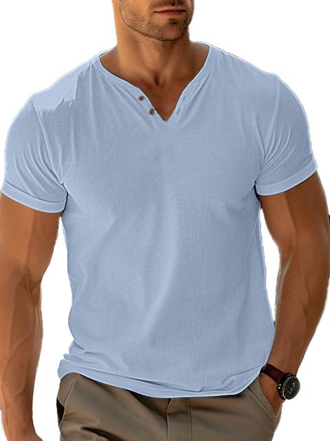 Men's Casual Henley Cotton Linen V-Neck T-Shirt