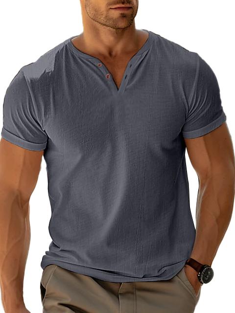 Men's Casual Henley Cotton Linen V-Neck T-Shirt