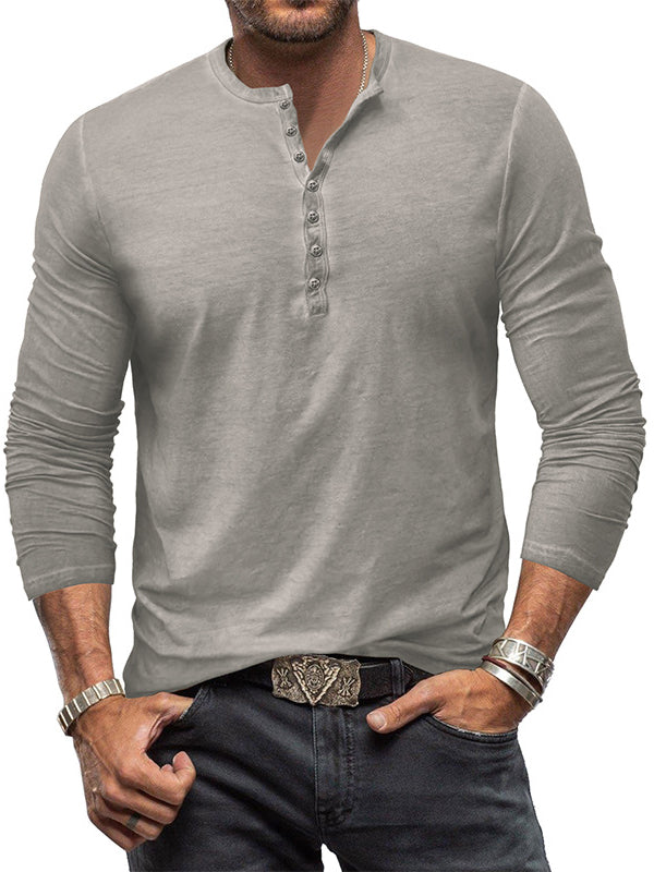 Men's Washed Distressed Cotton V-neck Henley Vintage Long-sleeved T-shirt