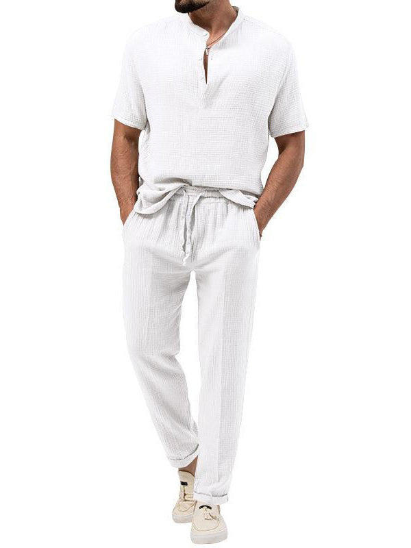 Men's Solid Color Casual T-shirt Short Sleeve Shirt Pants Suit Trend