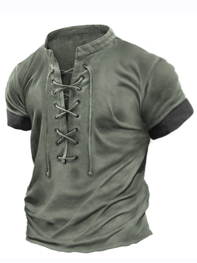 Men's Retro V-neck Lace-up Casual Colorblock Short-Sleeved T-shirt