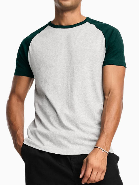 Men's 32-count Double Yarn Contrasting Raglan Round Neck 240g Heavyweight Short-sleeved T-shirt