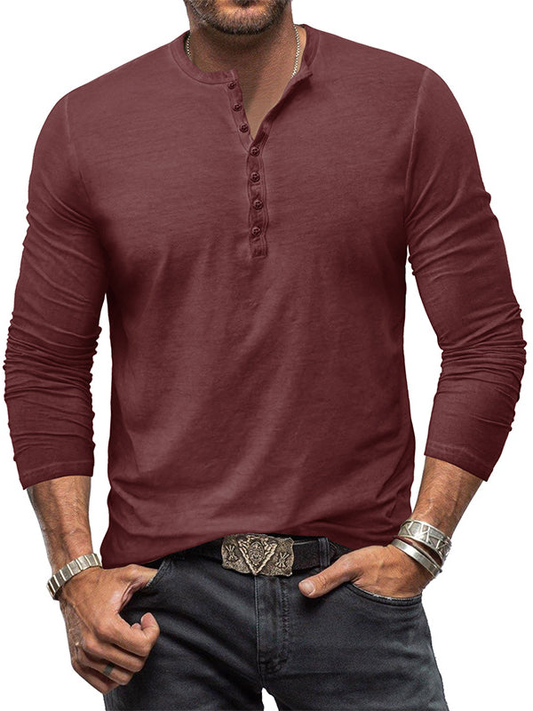 Men's Washed Distressed Cotton V-neck Henley Vintage Long-sleeved T-shirt