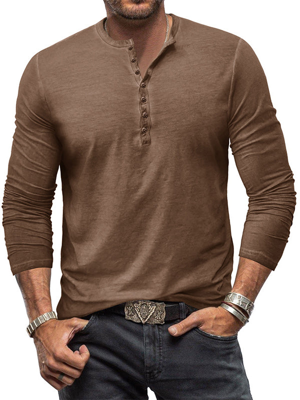 Men's Washed Distressed Cotton V-neck Henley Vintage Long-sleeved T-shirt