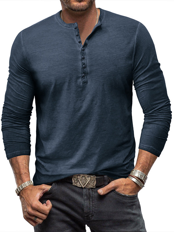 Men's Washed Distressed Cotton V-neck Henley Vintage Long-sleeved T-shirt