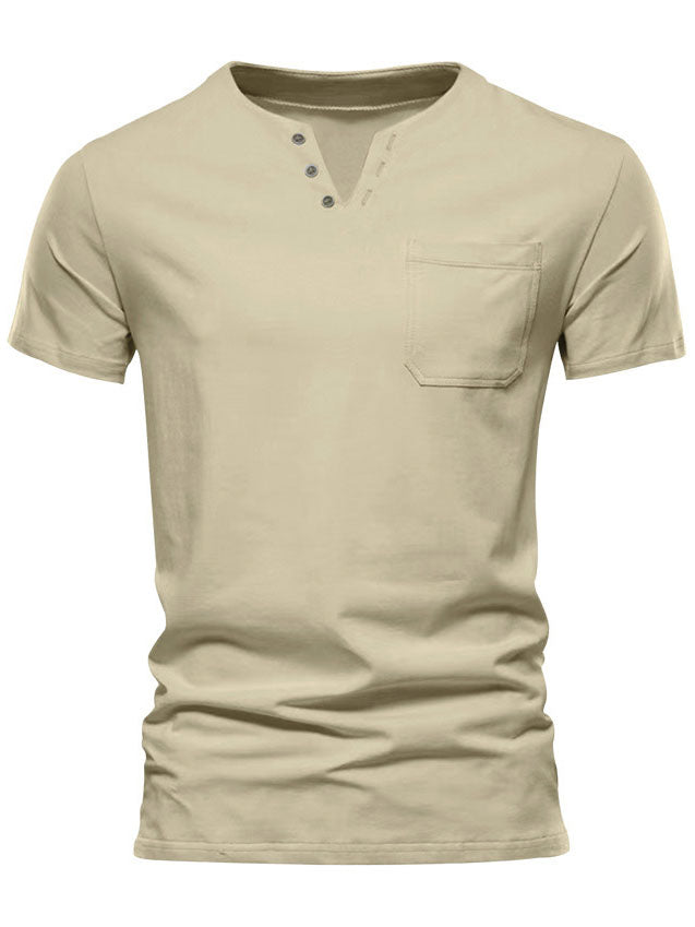 Men's Solid Color V-Neck Pocket Short Sleeve T-Shirt