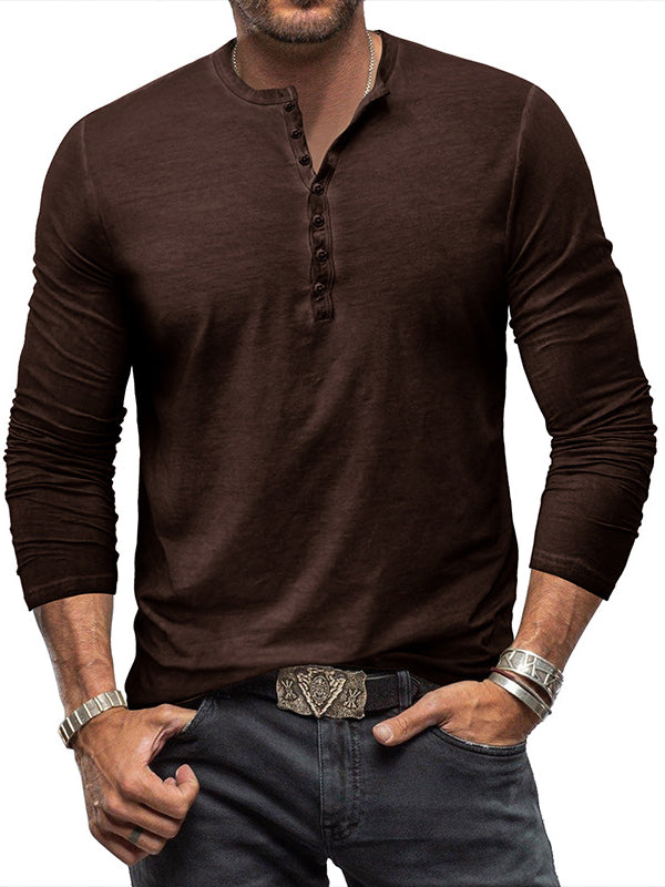 Men's Washed Distressed Cotton V-neck Henley Vintage Long-sleeved T-shirt