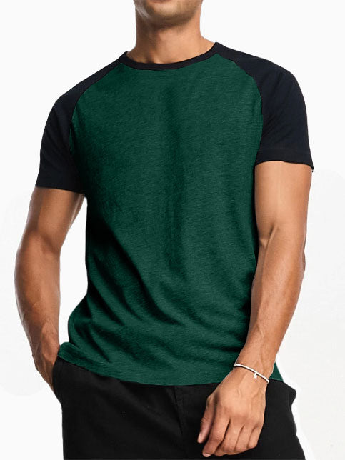 Men's 32-count Double Yarn Contrasting Raglan Round Neck 240g Heavyweight Short-sleeved T-shirt