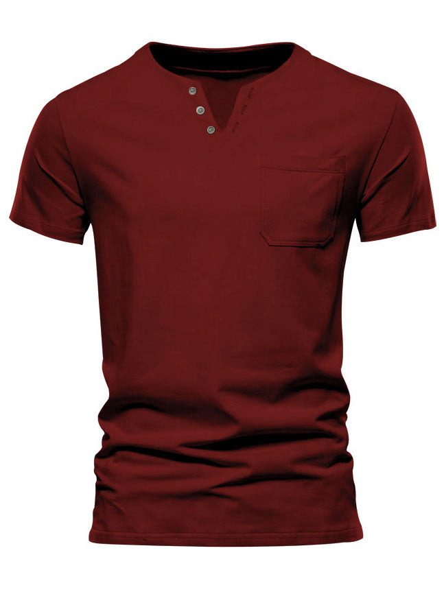 Men's Solid Color V-Neck Pocket Short Sleeve T-Shirt